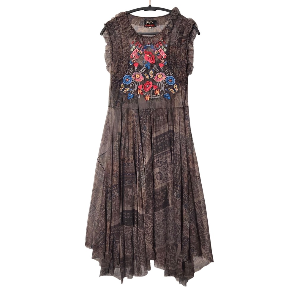 Johnny Was Biya Burnette Mesh Overlay Embroidered Dress Lined S Fairy Grunge - Picture 1 of 10